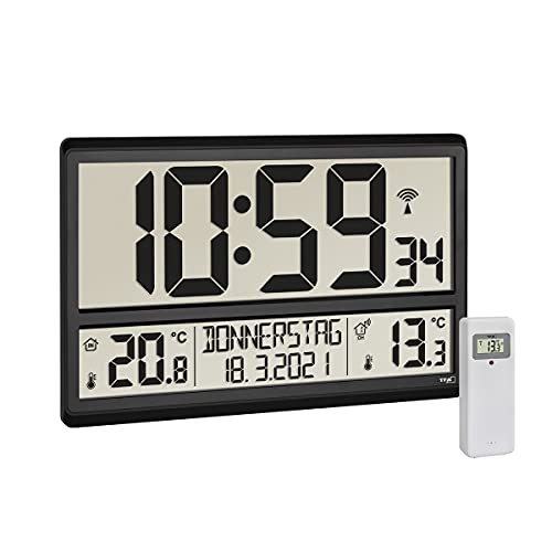 TFA Dostmann 60.4521.01 - Reloj de Pared Digital XL con Temperatura Exterior, Temperatura Interior, día de la Semana (8 Idiomas), Radio, Fecha, Color Negro (360 x 235 x 28 mm (84)
