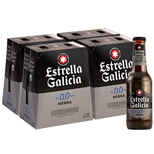 Estrella Galicia 0,0 Negra - Cerveza Lager sin Alcohol, Pack de 24 Botellines x 25 cl, Sabor y Aroma Tostado y Amargo, 0% Volumen de Alcohol