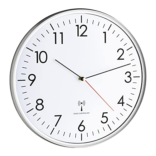 TFA Dostmann Reloj de pared analógico inalámbrico, de alta precisión, reloj de radio, blanco/plateado, 60.3514, adecuado para cocina, sala de estar, oficina o área de entrada, 330 x 50 mm