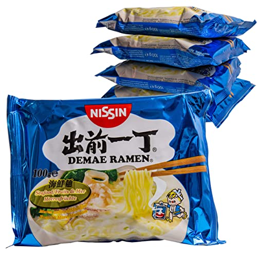 Ramen Nissin Fideos Instantáneos paquetes de 100gr | Fácil de preparar | Noodles de Japón (Marisco, 5)