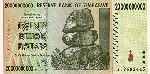 Zimbabwe 20 Billion Dólar Banco Ordenador Bill Money Inflación Record currency Ordenador