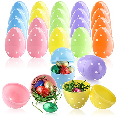 com-four® 24x Huevos de Relleno - Huevos de plástico de Colores para Rellenar y Colgar - Huevos de plástico Huecos para Pascua - Huevos de Pascua vacíos para Sorpresas y Regalos (Puntos)
